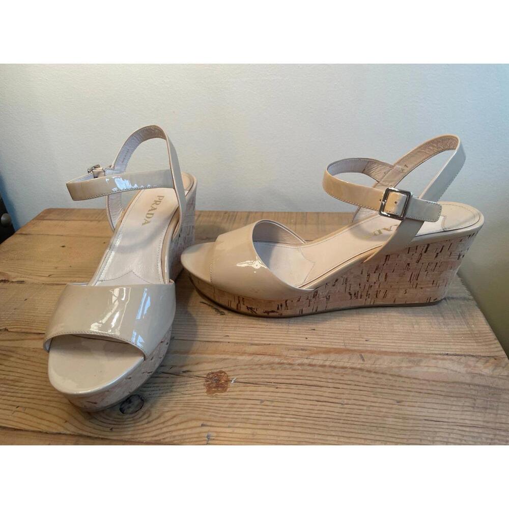 Prada Patent Leather Cream Cork Wedge Sandals (Si… - image 4